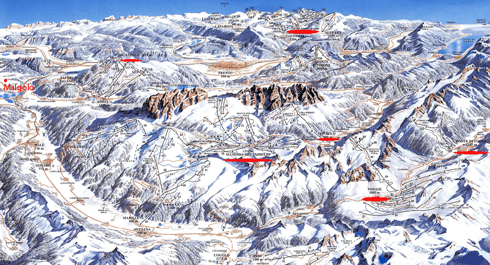 mapka lyžařských středisek Itálie Dolomity